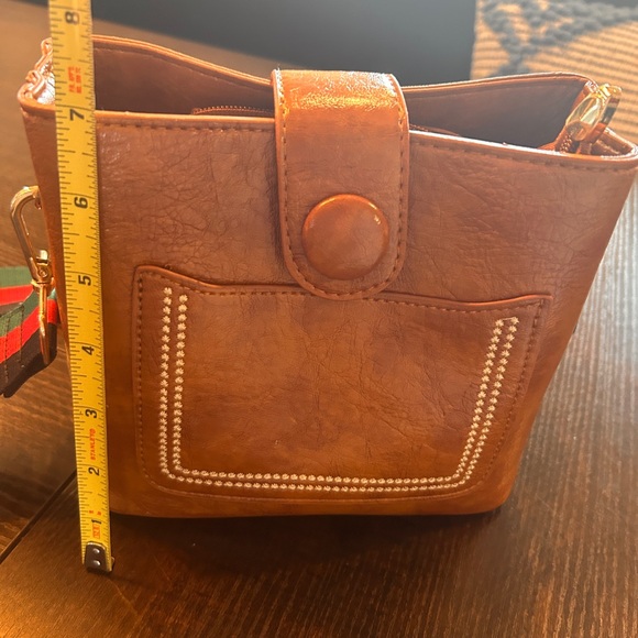 Petite Brown Leather Crossbody Bag with Striped Strap - Picture 6 of 7